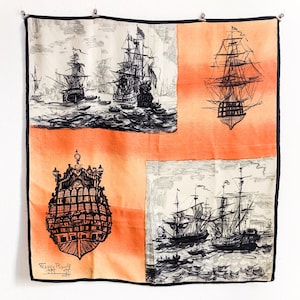 Rare, very old Maggy Rouff vintage silk scarf with picturesque sailing boat motif