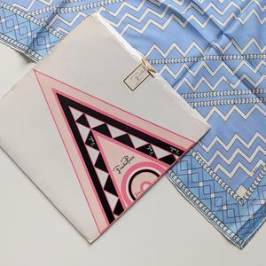Large vintage Pucci silk scarf in pastel blue tones with abstract pattern including original packaging