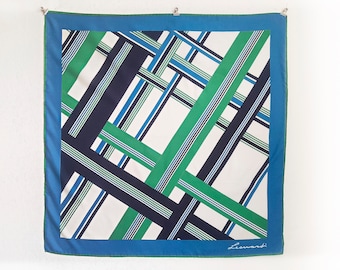 Vintage scarf / headscarf / neckerchief with an abstract pattern in blue and green stripes, Leonardi