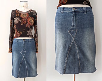 Y2K denim skirt with unusual decorative stitching, upcycle style. Size S