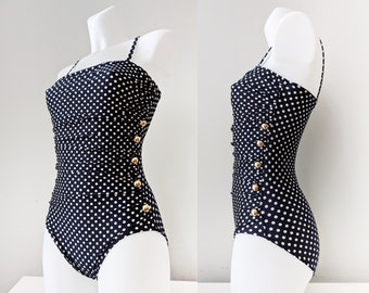 Saks Fifth Avenue Swimsuit, dark blue with white dots, gatherings and golden buttons. 1990s One Piece Bathing Suit,  Size S