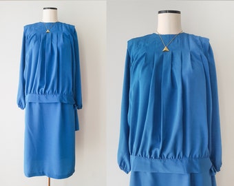 Blue 1980's set (skirt and blouse), summery vintage women's costume, color blocking. Size S