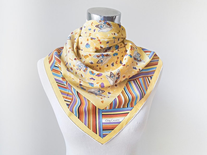 Yellow Oleg Cassini silk scarf patterned with rolled edges image 4