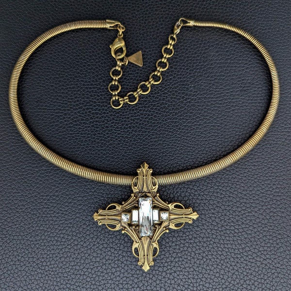 Vintage Bulatti necklace in bronze color with large cross pendant and big rhinestones from the 1980s