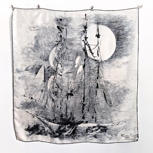 Rare, very old vintage silk scarf by Maggy Rouff with a picturesque sailboat motif in black and white image 5