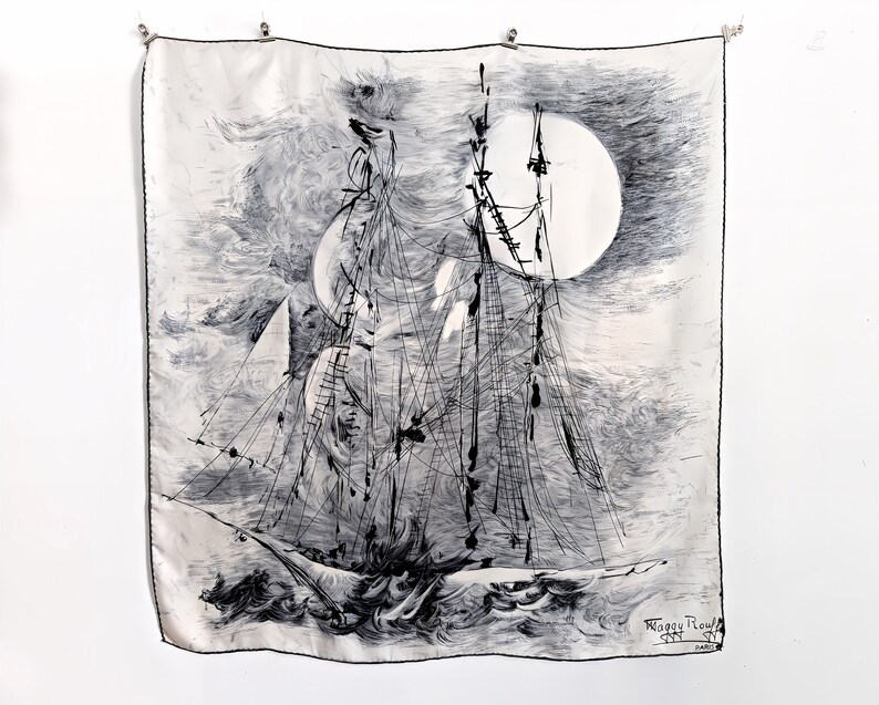 Rare, very old vintage silk scarf by Maggy Rouff with a picturesque sailboat motif in black and white image 5