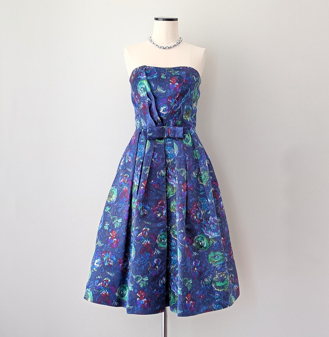 Beautiful Cocktail Dress With Petticoat Made of Blue-patterned Silk With  Draped Bodice and Bow, Size S - Etsy