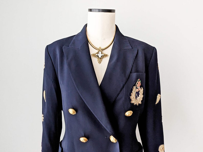 Unique Vintage Lolita Lempicka blazer in dark blue with gold patches and buttons. Size S image 6