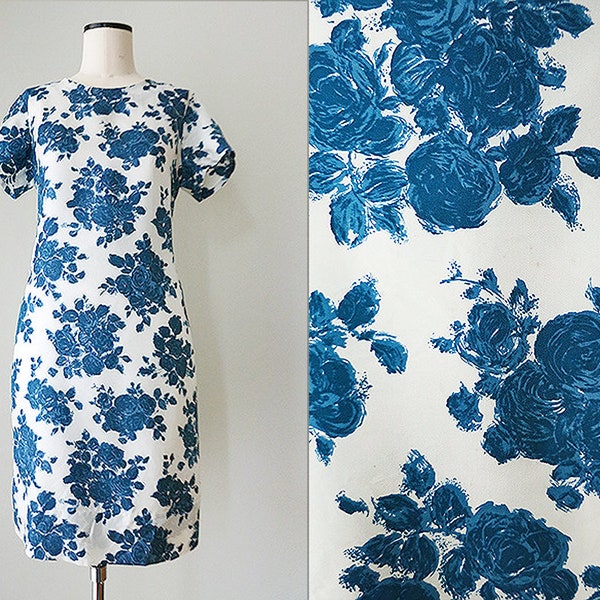 50er / 60er Jahre Kleid weiß mit blauen Rosen M