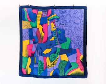 Foulard en soie Picasso cubiste et coloré avec homme, chapeau et fleur sur le revers