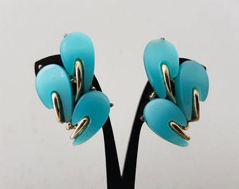 Grands clips d'oreille thermoset des années 1950 USA turquoise