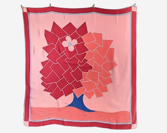 Large vintage Grès silk scarf with an abstract tree motif in red tones