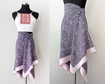 XXL vintage scarf by Gim Renoir, finely woven cloth with a paisley pattern in pink and purple