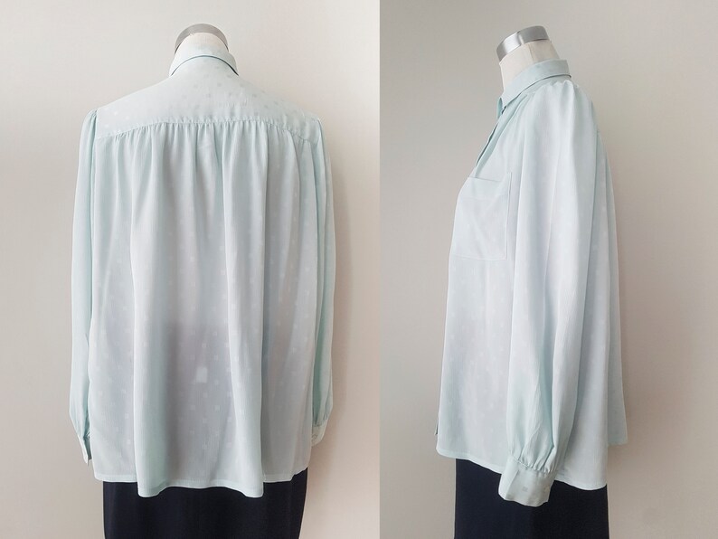 Light turquoise vintage Rodier blouse, 1980s blouse in mint green pastel color with texture. Size M/L image 5