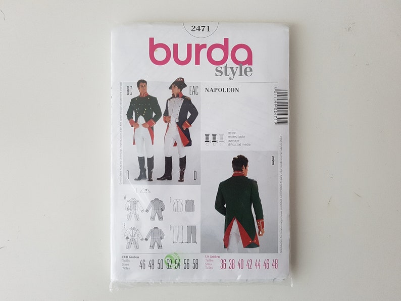 36-48 by Burda Napoleon Costume Sizes Burda Mens Sewing Pattern 2471 