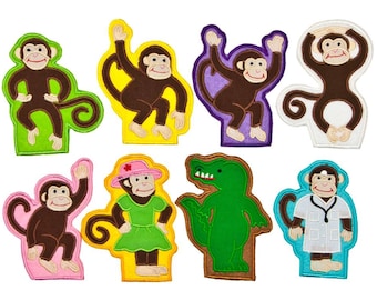 May include: Set of eight felt appliques featuring various animals and characters. The appliques are colorful and include a monkey, a crocodile, a doctor monkey, a monkey wearing a hat, and a monkey wearing a dress.