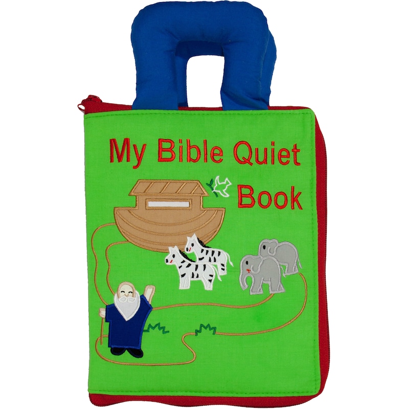 Children's interactive cloth fabric quiet book with green cover with red zipper and blue handles. Titled My Bible Quiet Book. Noah and ark on the front cover.