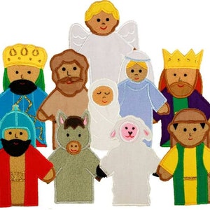 May include: A set of felt finger puppets depicting characters from the Nativity story. The puppets include a king, a shepherd, an angel, Mary, Joseph, a donkey, a sheep, and a baby Jesus.