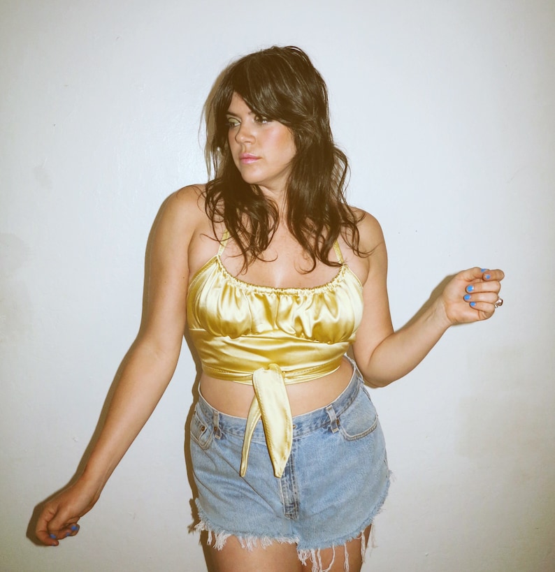 Handmade 1970/'s Style Vintage Metallic Gold Fabric Boho Bombshell Babe Halter Tie Top One Size Fits All