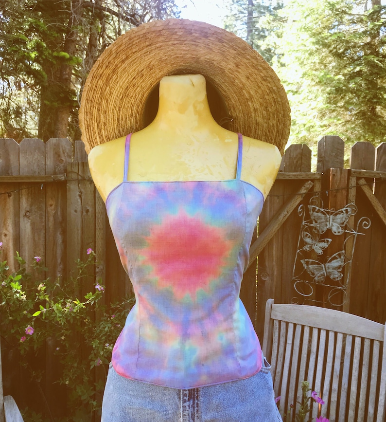 Handmade 1970/'s Style Vintage Cotton Tie Dye Striped Cotton Backless Boho Bombshell Top Size SmallMed
