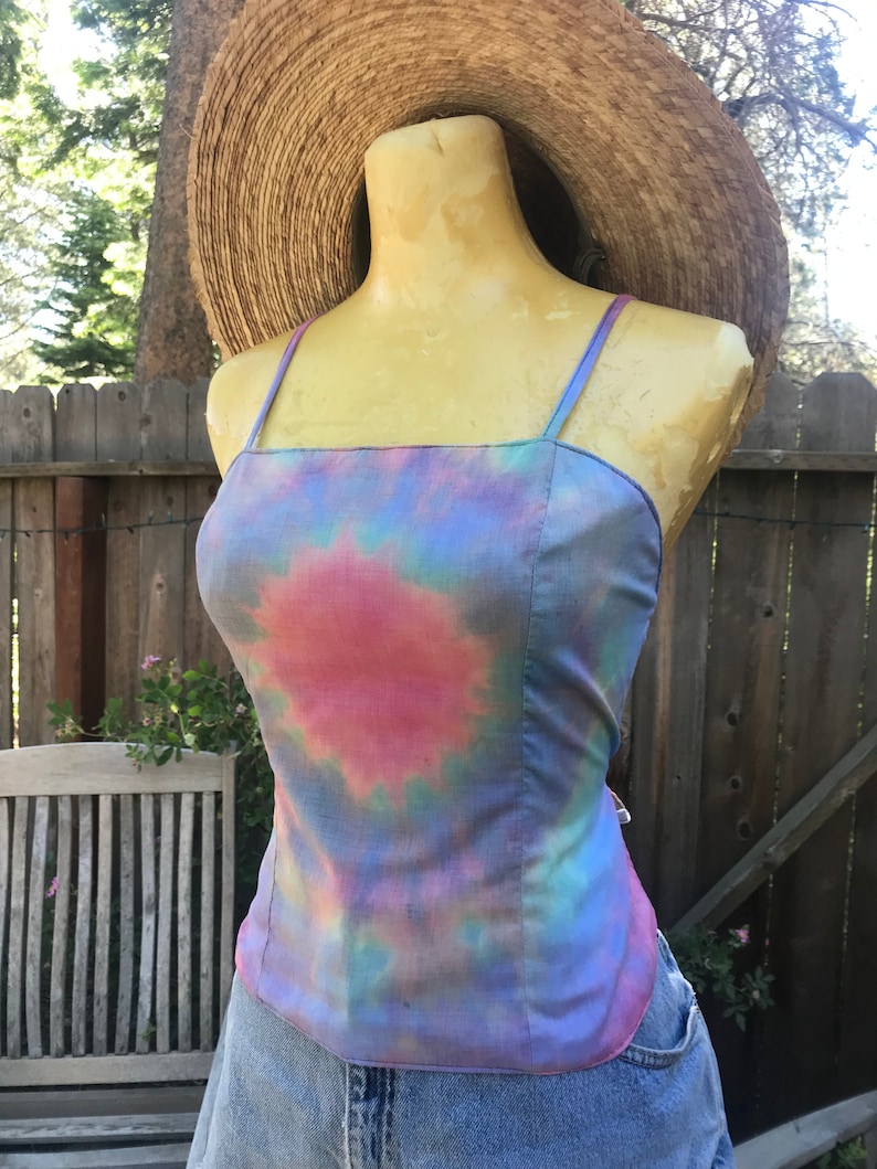 Handmade 1970/'s Style Vintage Cotton Tie Dye Striped Cotton Backless Boho Bombshell Top Size SmallMed