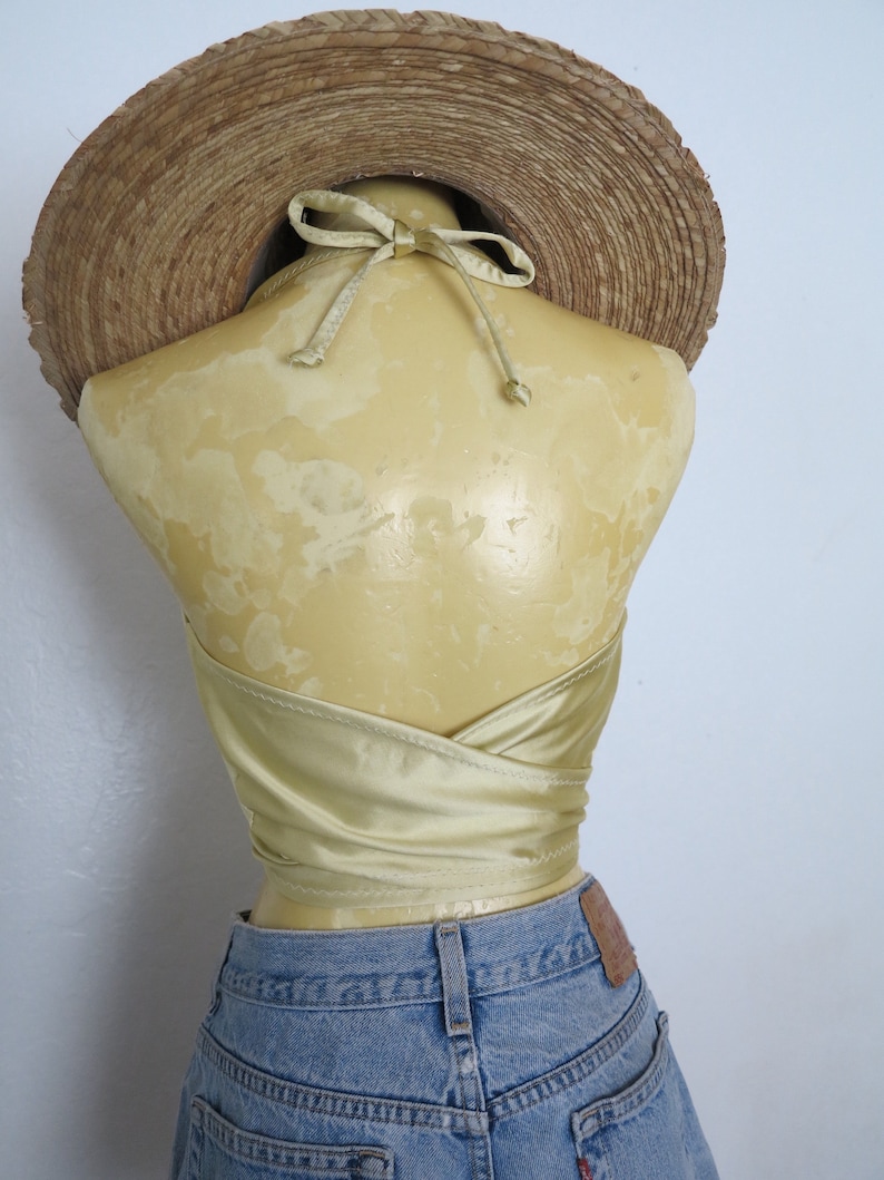Handmade 1970/'s Style Vintage Metallic Gold Fabric Boho Bombshell Babe Halter Tie Top One Size Fits All