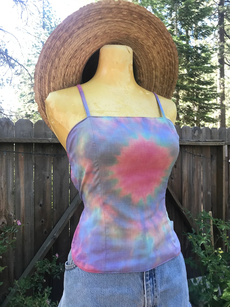 Handmade 1970/'s Style Vintage Cotton Tie Dye Striped Cotton Backless Boho Bombshell Top Size SmallMed