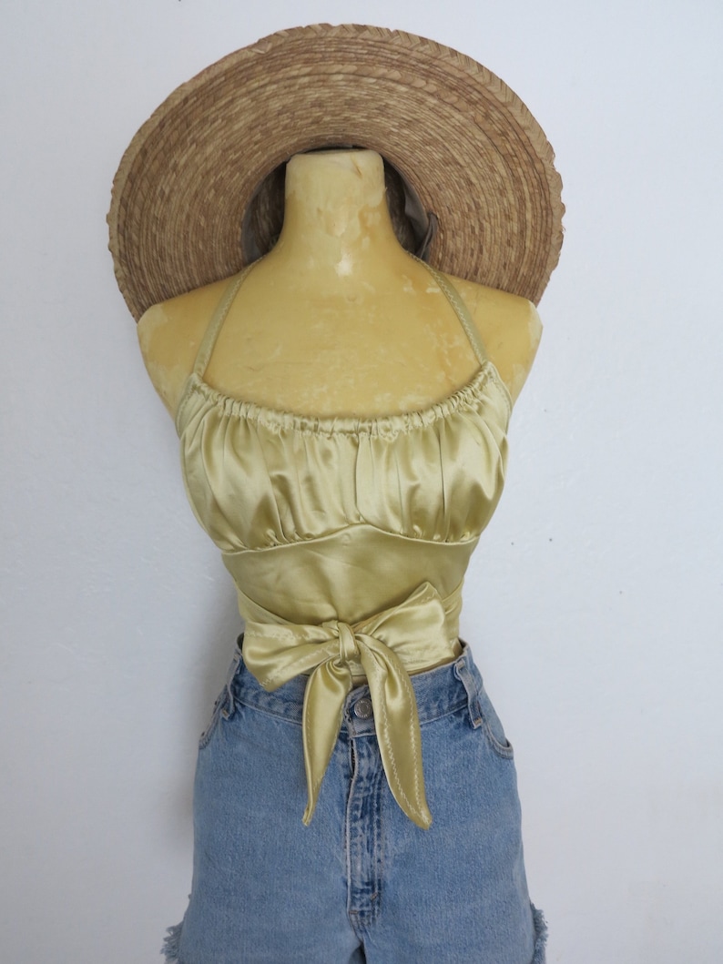 Handmade 1970/'s Style Vintage Metallic Gold Fabric Boho Bombshell Babe Halter Tie Top One Size Fits All