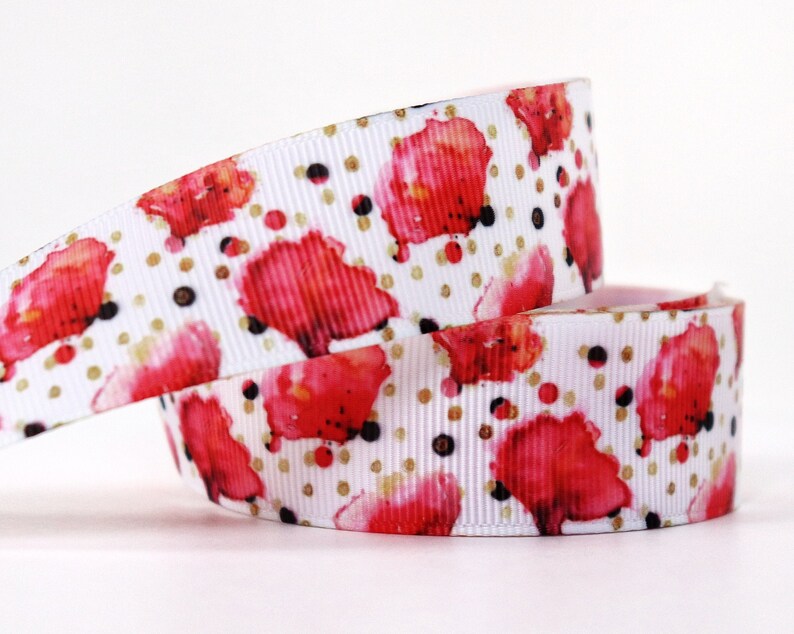giftwrap ribbon 25mm Watercolor Poppies Grosgrain Ribbon Ribbon for hairbows 1 inch grosgrain ribbon--Sold by the yard.