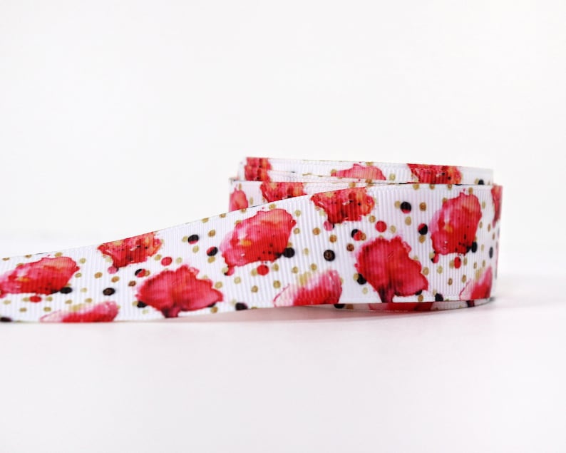 giftwrap ribbon 25mm Watercolor Poppies Grosgrain Ribbon Ribbon for hairbows 1 inch grosgrain ribbon--Sold by the yard.