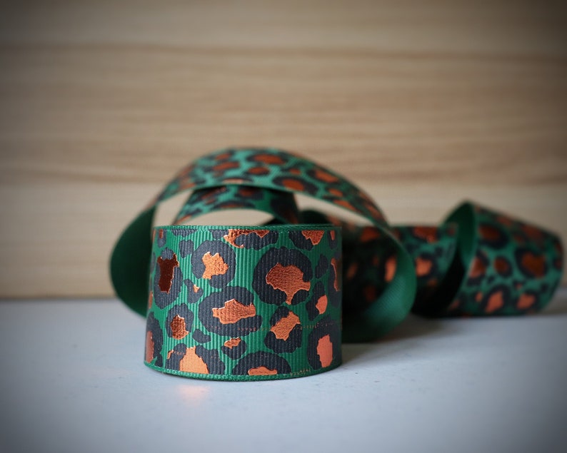 38mm Green with Copper Foil Lux Leopard grosgrain ribbon--Sold by the yard. 1.5 inch