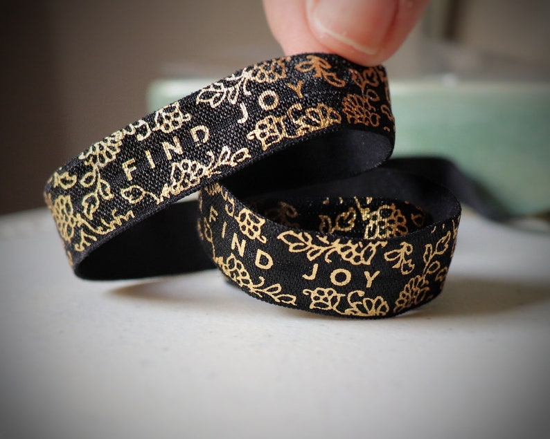 58 Gold Foil Find Joy Elastic Fold Over Elastic 16mm FOE-- Sold by the yard.
