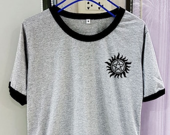 Anti Possession Shirt Tattoo Supernatural Short Sleeve Two Tone White Grey Gray Tee Clothing