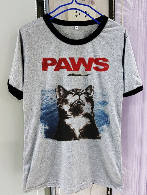 Cat Shirt Paws Jaws Movie Legend Short Sleeve Two Tone White | Etsy