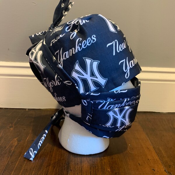 Custom Hand Made Matching New York Yankees Print Cotton Scrub Cap and Face Mask set.