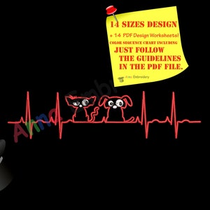 May include: A black background with a red heartbeat line design featuring a cat and a dog. A yellow sticky note with text is pinned to the top. A magic hat with stars is in the lower left.