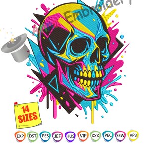 May include: A colorful skull design with yellow, blue, and pink accents. The image includes a top hat and the text "14 SIZES". The design is surrounded by abstract shapes and splatters. Embroidery design.