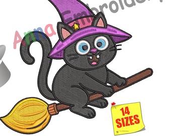 Witch Cat Embroidery Design, Halloween Machine Embroidery (14 Sizes)