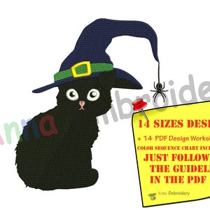 Halloween Black Cat Embroidery Design-Black Kitty with Witch Hat-Machine Embroidery Patterns-Instant Download-PES