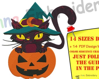 Halloween Cat Embroidery Design: Witch Hat Kitty in Pumpkin (Instant Download)
