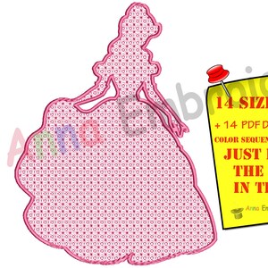 May include: Pink princess silhouette design with a detailed pattern. A magic hat with stars and text that reads "14 SIZES DESIGN + 14 PDF Design Worksheets! COLOR SEQUENCE CHART INCLUDING JUST FOLLOW THE GUIDELINES IN THE PDF FILE."
