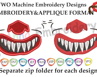 Scary SMILE bordado Applique diseño, máscara de boca de payaso, sonrisa de bufón, diseño de la cara de miedo, máscara de boca Applique, sonrisa de vampiro, sonrisa monstruo, MÁSCARA