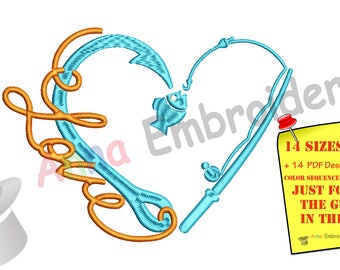 Fishing Embroidery Design-Love Fishing Design-Fishing Hook Embroidery-Machine Embroidery Patterns-Instant Download-PES
