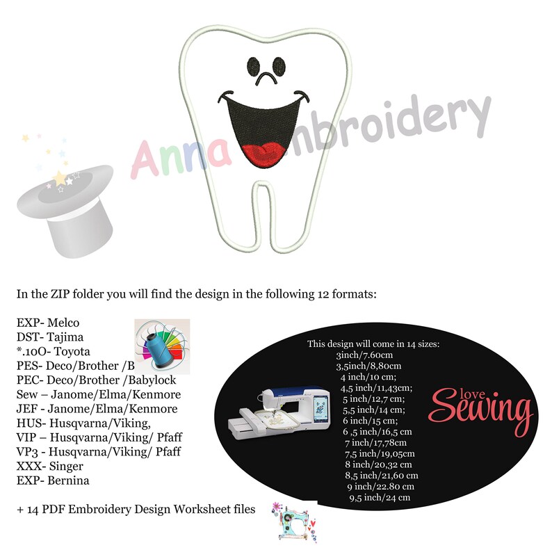 Tooth Embroidery Applique Design-Tooth Fairy Embroidery-Teeth Applique-Dental Clinic Logo-Machine Embroidery Pattern-Instant Download-PES