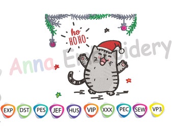 Christmas Cat Embroidery Design, Santa Hat, Machine Embroidery ( Pattern)