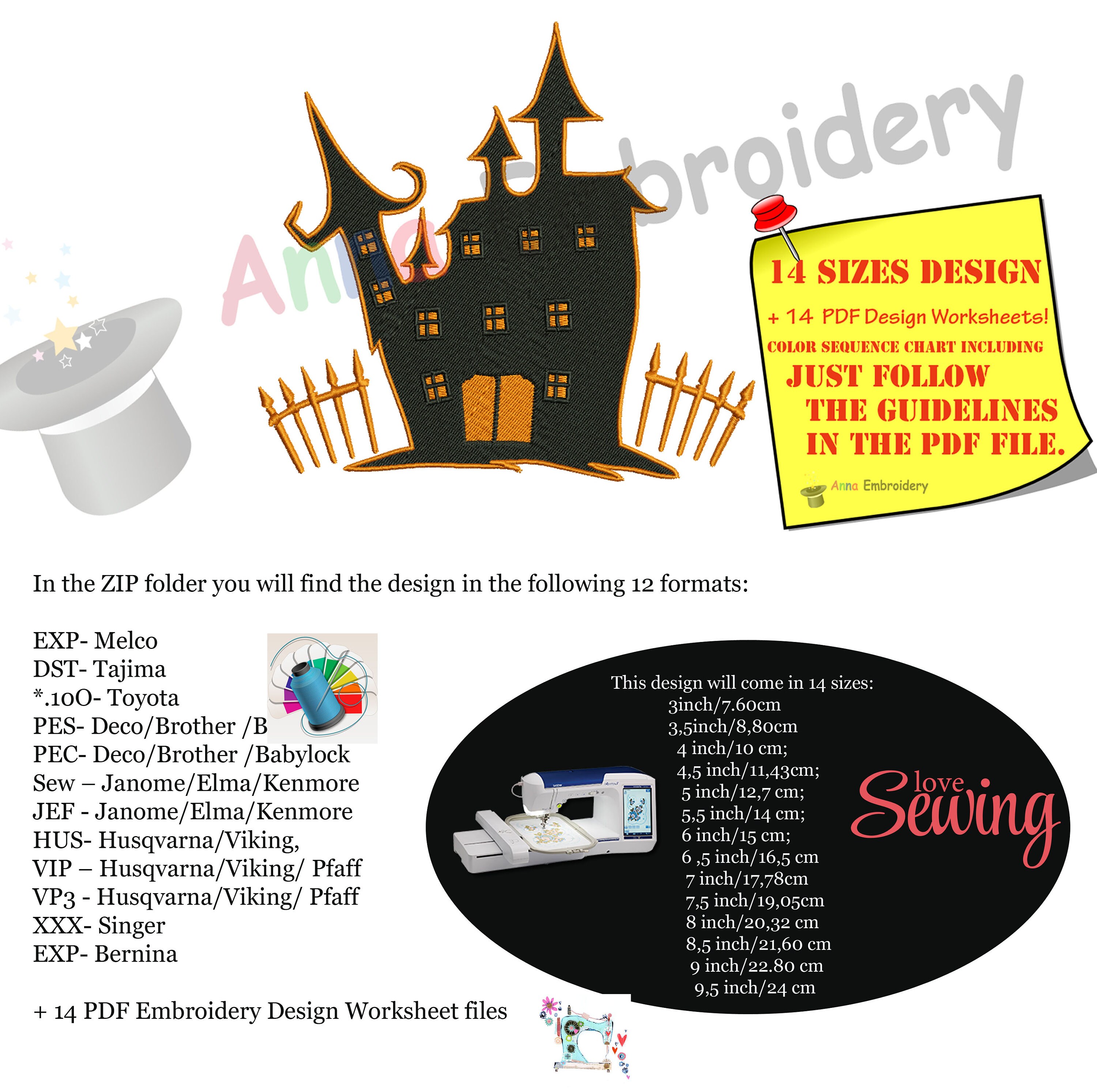 Halloween Haunted House Embroidery Applique Design: Spooky Castle ...