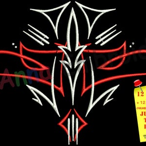 Puede incluir: Un diseño abstracto en blanco y rojo sobre un fondo negro. El diseño presenta líneas curvas y formas geométricas. Una nota adhesiva amarilla con texto está fijada a la imagen. El texto dice: "¡DISEÑO DE 12 TAMAÑOS + 12 hojas de trabajo PDF! GRÁFICO DE SECUENCIA DE COLOR INCLUYENDO SOLO SIGUE LAS DIRECTRICES EN EL ARCHIVO PDF."