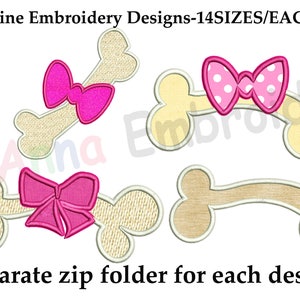 May include: Machine embroidery designs of dog bone shapes with bows. The designs include pink bows and a bow with white polka dots. The image also includes text that says "14 SIZES DESIGN" and "Separate zip folder for each design!"