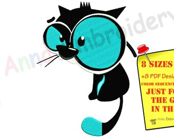 Cat embroidery, Machine embroidery design, blue cat, funny cat,kitty embroidery, animal embroidery, 8 sizes design, INSTANT DOWNLOAD