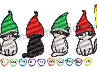 Christmas Cat Embroidery Design, Santa Hat, Gnomes (Machine Embroidery)